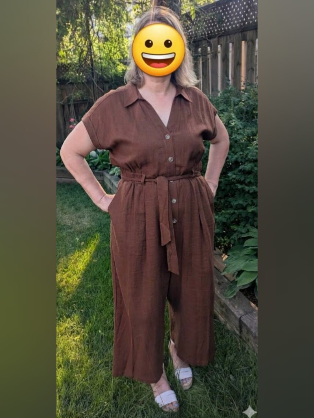 RW&CO. Chestnut Brown Short-Sleeve Button-Front Linen Jumpsuit with Waist Tie